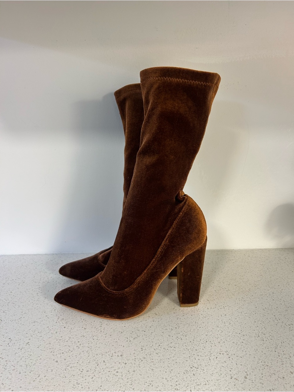 Forever 21 Brown Velvet Sock Booties with Block Heel